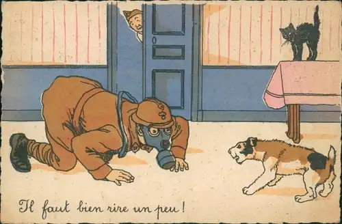 Ak Franzäsischer Soldat mit Gasmaske, Hund