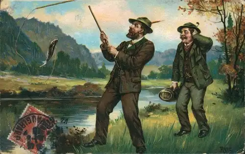 Künstler Ak Angler mit einem Fisch an der Angel