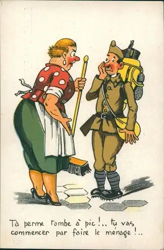 Ak Wütende Frau mit Besen, Soldat