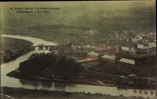 Postkarte Echternach Luxemburg, Gesamtansicht, die Sauer