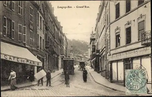 Ak Longwy Bas Meurthe et Moselle, Grande Rue, Straßenbahn, Café de Paris