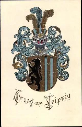 Präge Wappen Litho Leipzig in Sachsen, Meißner Löwe, Stechhelm