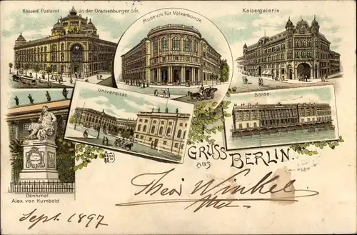 Litho Berlin Mitte, Kaisergalerie, Museum für Völkerkunde, Universität, Denkmal Alex. von Humboldt
