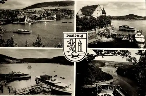 Ak Saalburg in Thüringen, Saaletalsperre, Schiff, Schiffsanleger, Aussichtsplattform, Wappen