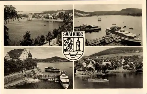 Ak Saalburg in Thüringen, Wappen, Stausee, Dampfer, Schiffsanleger, Segelboote