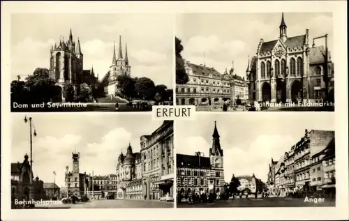 Ak Erfurt in Thüringen, Dom, Seyertkirche, Rathaus mit Fischmarkt, Bahnhofsplatz, Anger