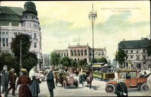 Ak Berlin Tiergarten, Potsdamer Platz, Potsdamer Bahnhof, Auto, Straßenbahn