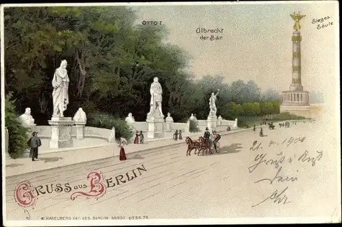 Litho Berlin Tiergarten,  Denkmal Otto I., Albrecht der Bär, Siegessäule