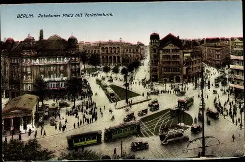 Ak Berlin Tiergarten, Potsdamer Platz mit Verkehrsturm, Straßenbahn