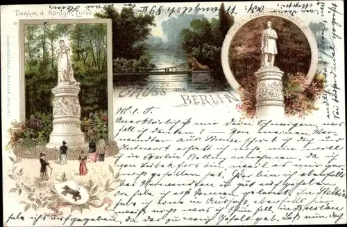 Litho Berlin Tiergarten, Denkmal Königin Luise, Denkmal Friedrich Wilhelm III, Brücke