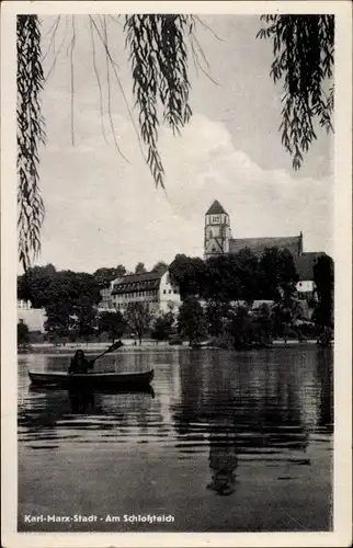 Ak Karl Marx Stadt Chemnitz in Sachsen, Schlossteich, Ruderboot