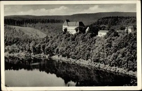 Ak Burgk Schleiz in Thüringen, Schloss Burgk an der Saale, Ausgleichbecken der Saaletalsperre