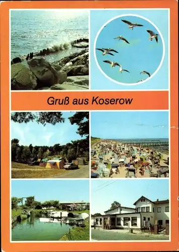 Ak Ostseebad Koserow auf Usedom, Möwen, Strand, Bootshafen, Campingplatz