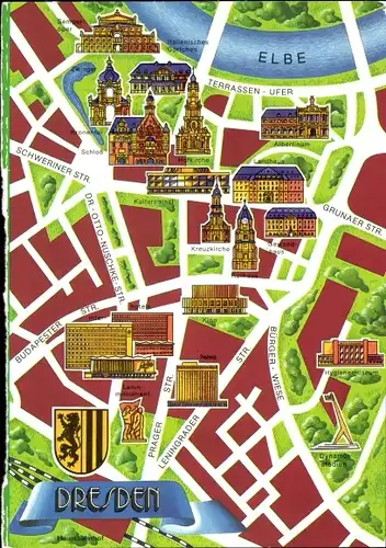 Stadtplan Wappen Ak Dresden Altstadt, Prager Straße, Kreuzkirche, Hygienemuseum, Dynamostadion