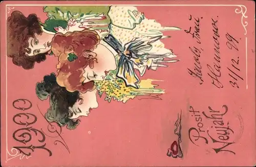 Litho Glückwunsch Neujahr 1900, Frauen-Portraits