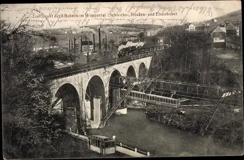 Ak Wuppertal in Nordrhein Westfalen, Schwebebahn, Straßenbahn und Eisenbahn