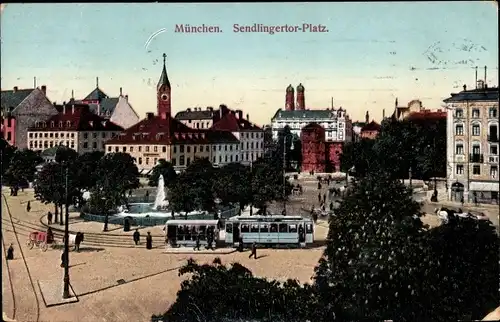 Ak München, Sendlingertor-Platz, Straßenbahn, Springbrunnen