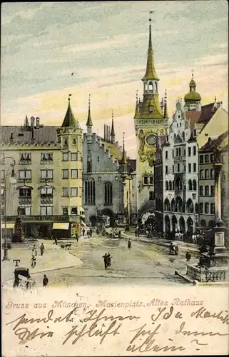 Ak München Bayern, Marienplatz mit Mariensäule, Altes Rathaus, Passanten