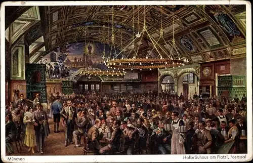 Künstler Ak München Oberbayern, Hofbräuhaus am Platzl, Festsaal, Leuchter