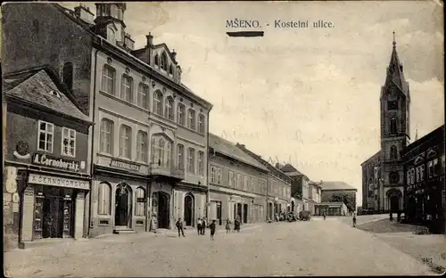 Ak Mšeno Mscheno Wemschen Mittelböhmen, Straße, Kirche, Geschäfte