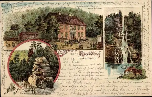 Litho Gemkenthal Clausthal Zellerfeld im Oberharz, Gastwirtschaft Waldhof, Wasserfall, Marienfelsen