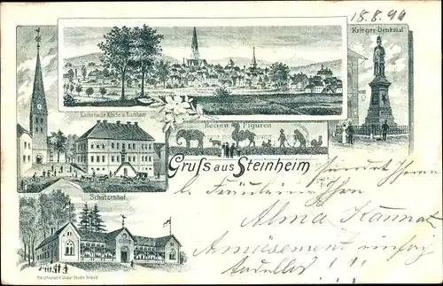 Litho Steinheim im Weserbergland, Hecken Figuren, Schützenhof, Kriegerdenkmal, Kirche, Rathaus