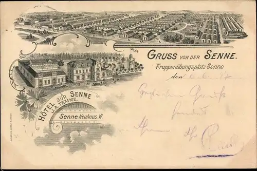 Litho Schloss Neuhaus Paderborn in Westfalen, Sennelager, Truppenübungsplatz Senne, Hotel zur Sonne