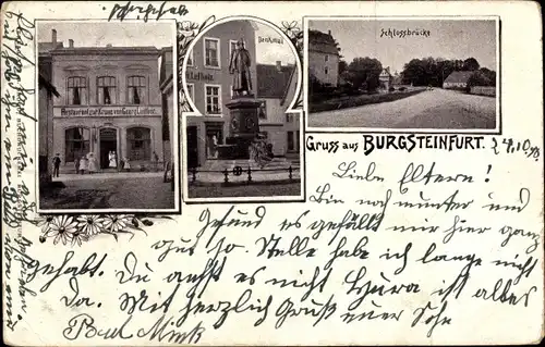 Ak Burgsteinfurt Steinfurt im Münsterland, Denkmal, Schlossbrücke, Restaurant zur Krone