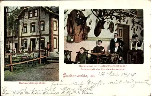 Ak Luckenwalde Teltow Fläming, Restauration, Gastzimmer, Badeanstalt des Handwerkervereins