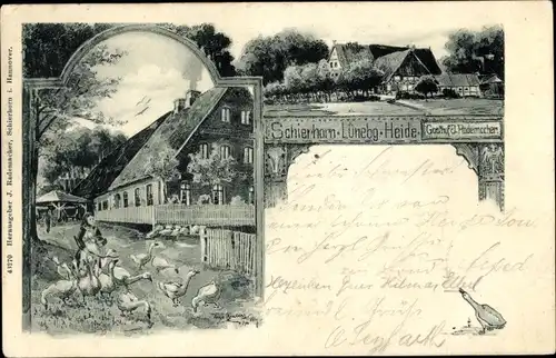 Künstler Litho Schierhorn Hanstedt Nordheide, Bäuerin, Gänse, Straße