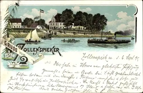 Litho Hamburg Bergedorf Vierlande Kirchwerder Zollenspieker, Dampfer, Segelboot, Fahne