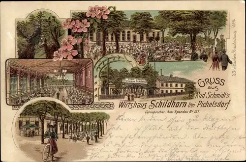 Litho Berlin Spandau Wilhelmstadt Pichelsdorf, Wirtshaus Schildhorn, Saal, Garten