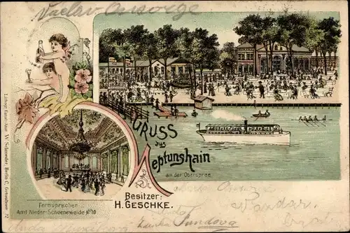 Litho Berlin Treptow, Neptunshain, Dampfer, Engel, Saal