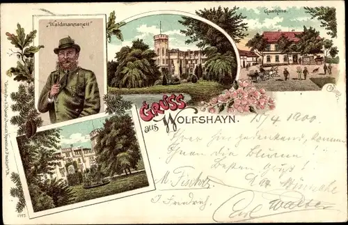 Litho Wolfshayn Schlesien, Jäger, Gasthaus, Schloss