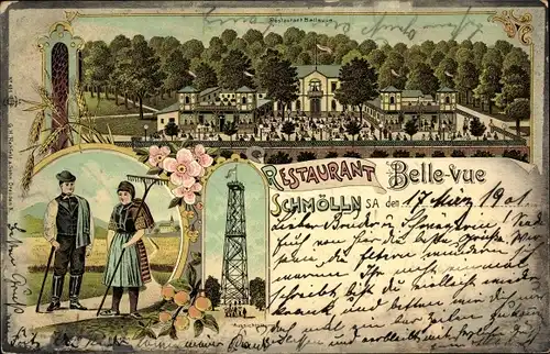Litho Schmölln in Thüringen, Restaurant Bellevue, Thüringer Tracht, Aussichtsturm