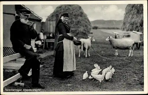 Ak Terschelling Friesland Niederlande, Bauernhof, Hühner, Bauern, Trachten