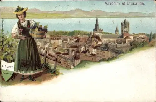 Litho Lausanne Kanton Waadt, Panorama, Frau in Tracht, Vaudoise