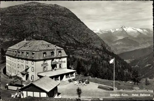 Ak Simplon Kanton Wallis, Hotel Bellevue, Berge, Auto