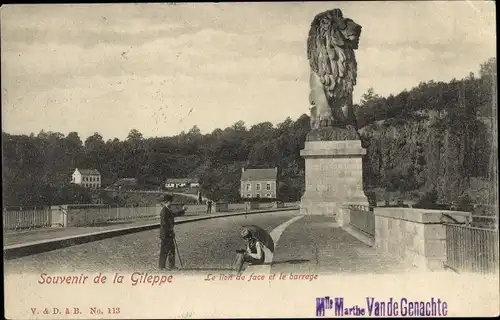 Ak Lüttich Belgien, Gileppe, Der vordere Löwe und der Damm, Statue