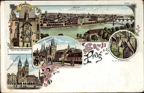 Litho Praha Prag Tschechien, Großer Ring, Uhr, Rathaus, Judenfriedhof, Teynkirche