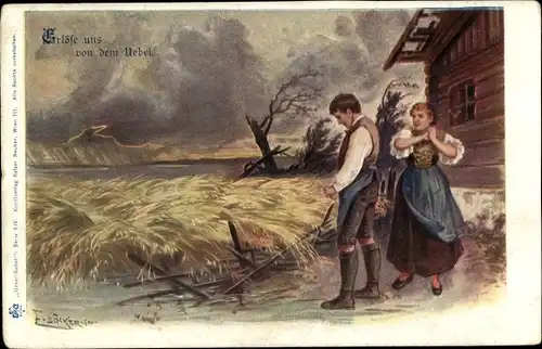 Künstler Litho Döcker, E., Betender Bauer, Bäuerin, Gebet, Erlöse und von dem Uebel