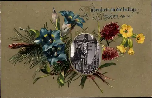 Ak Andenken an die heilige Mission, Blumenstrauß, Kruzifix