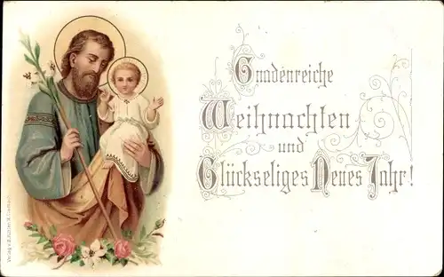 Litho Glückwunsch Neujahr, Jesuskind, Josef