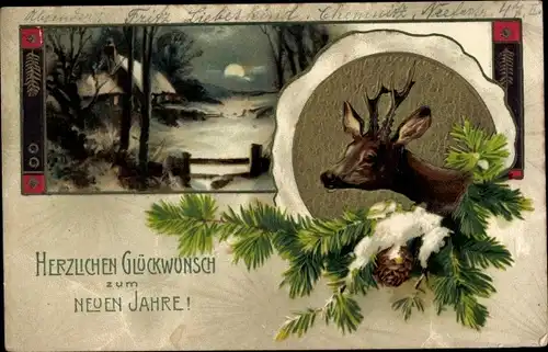 Präge Ak Glückwunsch Neujahr, Reh, Tannenzweige, Haus, Mond