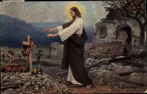 Künstler Ak Leinweber, R., Jesus bei Soldatengräbern