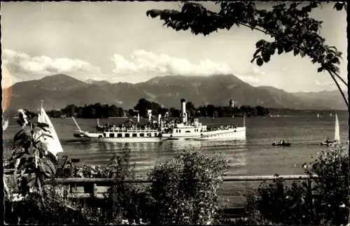 Ak Dampfer Ludwig Fessler auf dem Chiemsee, Fraueninsel, Hochfelln, Hochgern