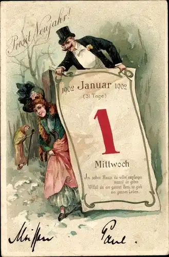 Präge Litho Glückwunsch Neujahr, Kalenderblatt, 1. Januar, Mittwoch