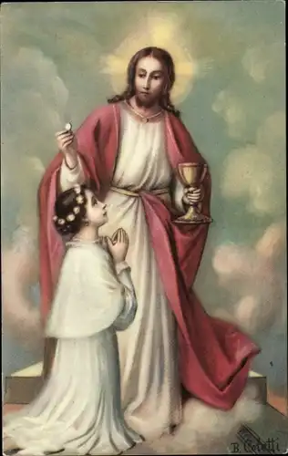 Künstler Ak Coletti, B., Jesus, Hostie, Betendes Mädchen, Erste Kommunion