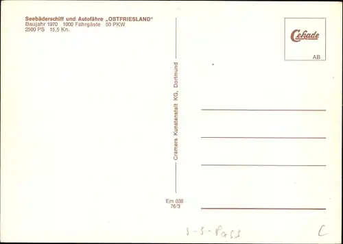 Ak Seebäderschiff und Autofähre Ostfriesland