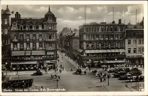 Ak Berlin Mitte, Unter den Linden, Ecke Friedrichstraße, Cafe Linden, Geschäft Carl Gust. Gerold